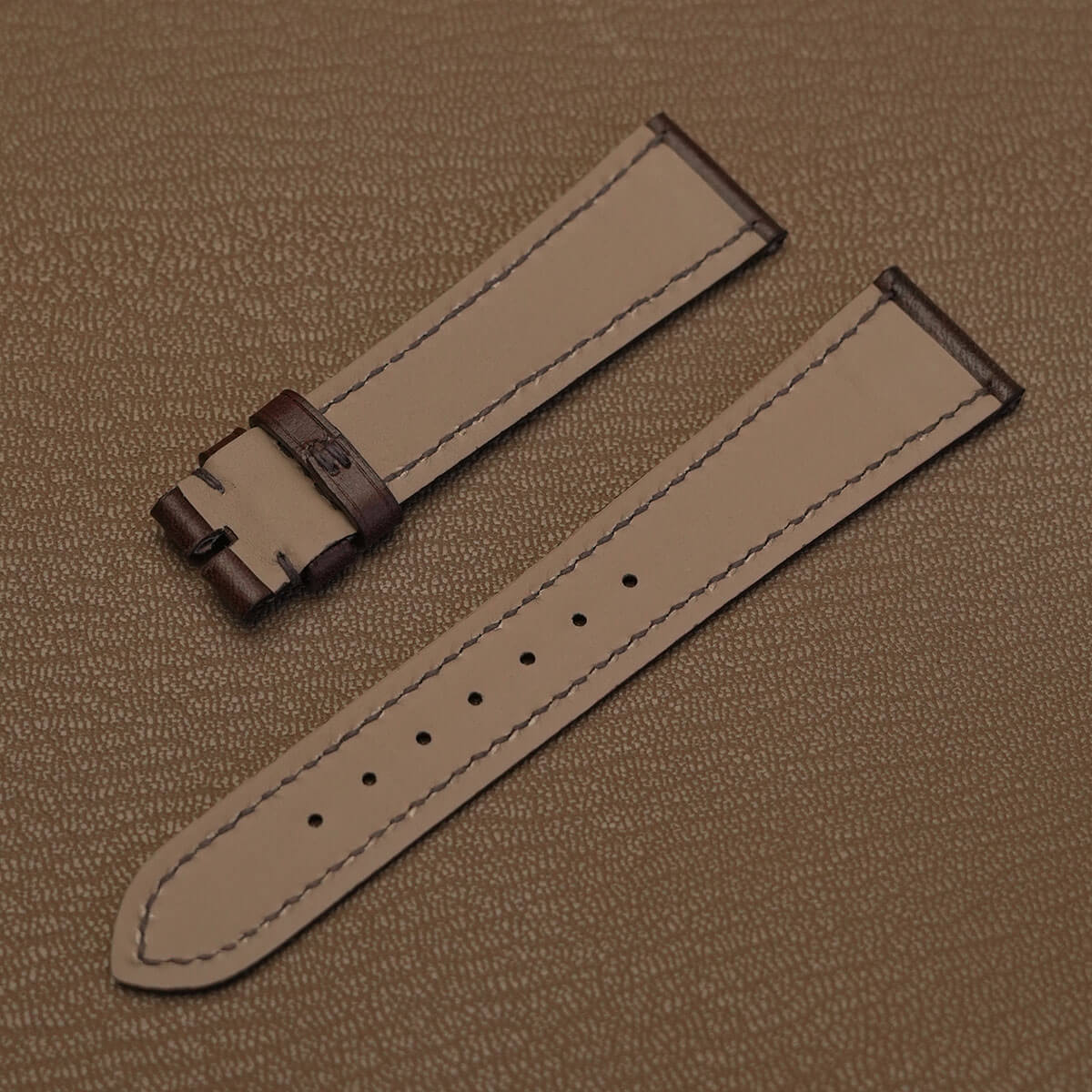 French Haas Zermatt waterproof calfskin lining on custom dark brown Italian veg-tan leather watch strap