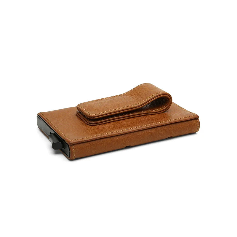 the close-up of the edge for the pop up RFID blocking brown leather card case with a white background