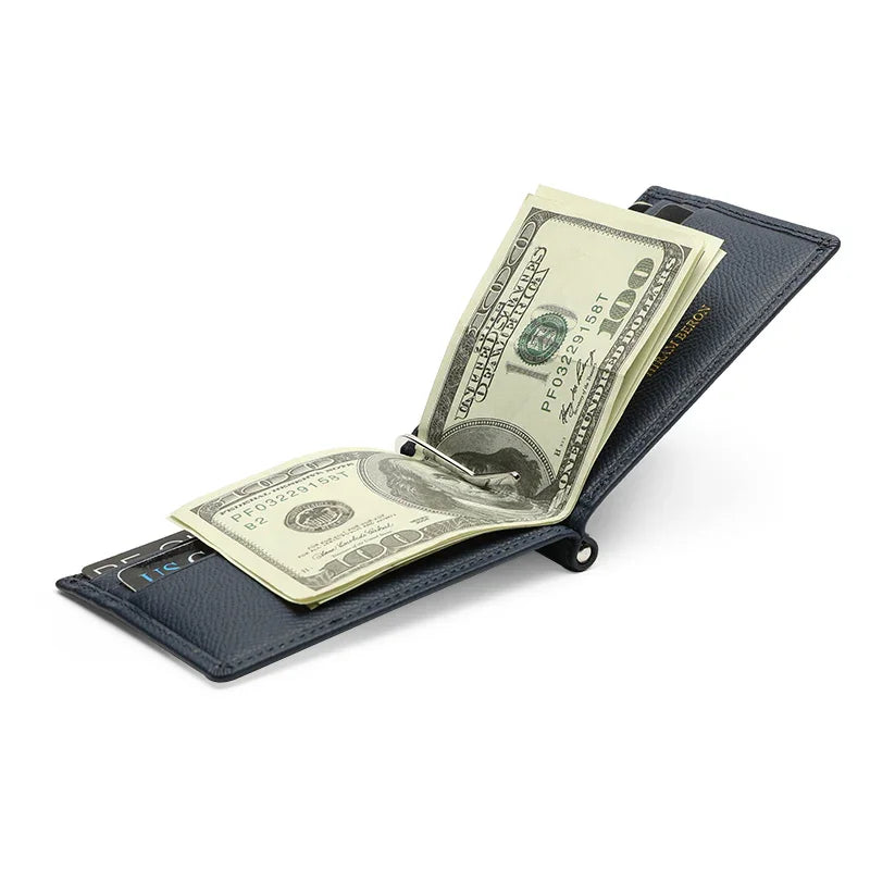 navy blue money clip card wallet with money sticking out on a white background