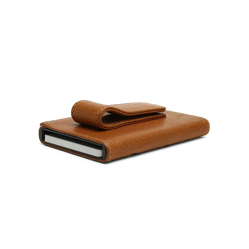 the top detail of the brown vegetable tanned leather pop up RFID blocking card holder