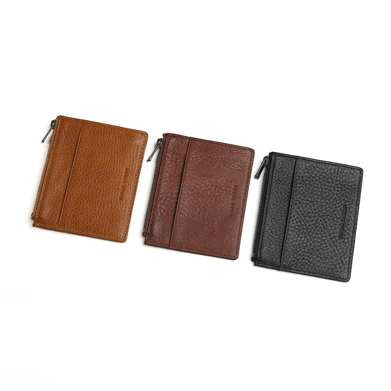 Three leather card holders in brown, black, and dark brown on a white background