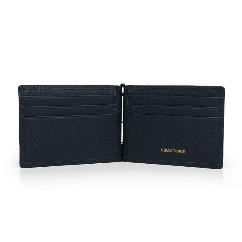 The inside look of the navy blue money clip card wallet with brand name"HIRAM BERON" on a white background