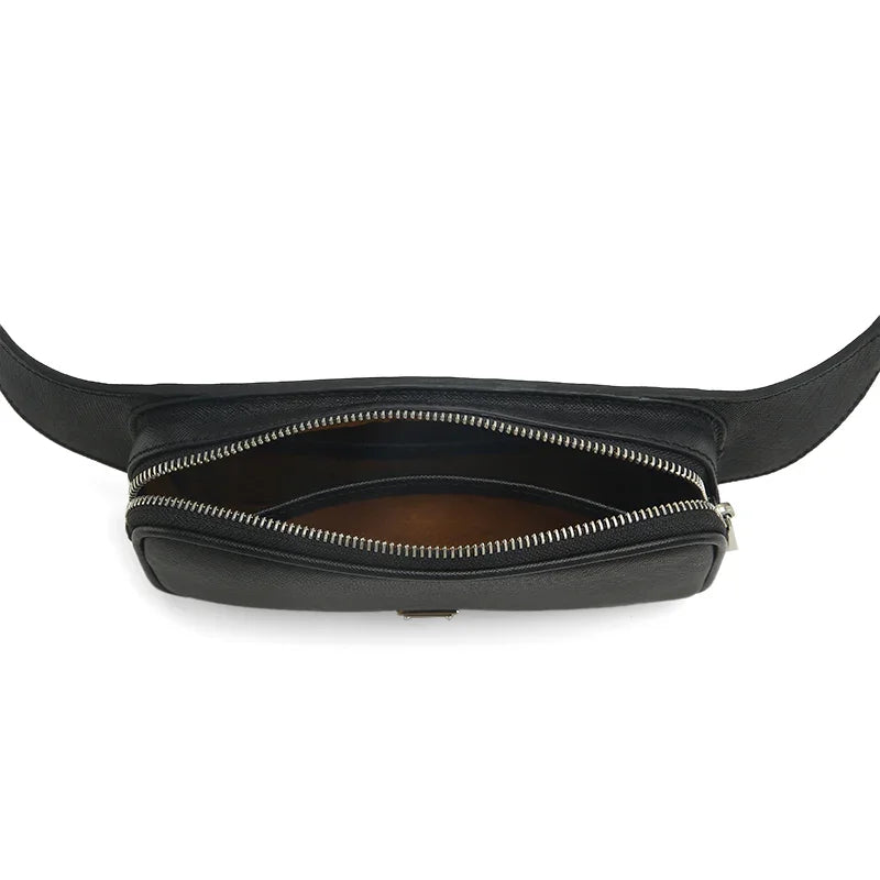 Black belt bag with a zipper opening on a white background