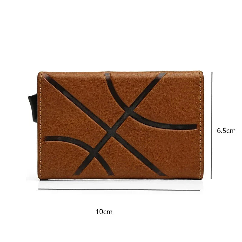 Brown pop up RFID blocking card holder with barkestball embossing line and measurements on a white background