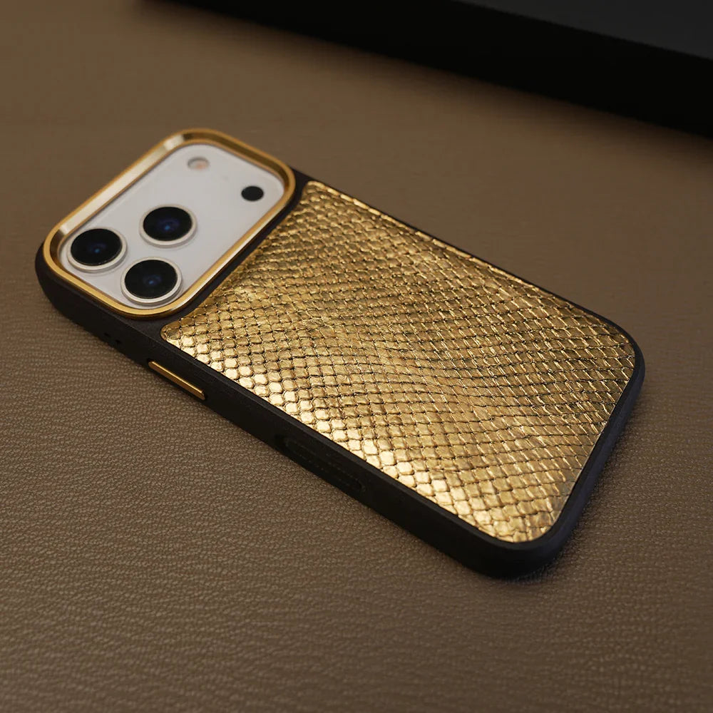 Detail shot of the edge for gold snake skin iphone case