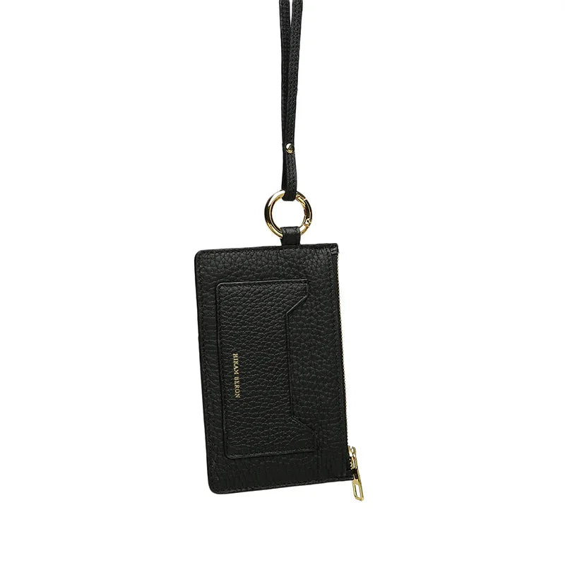 Black leather wallet with a lanyard on a white background