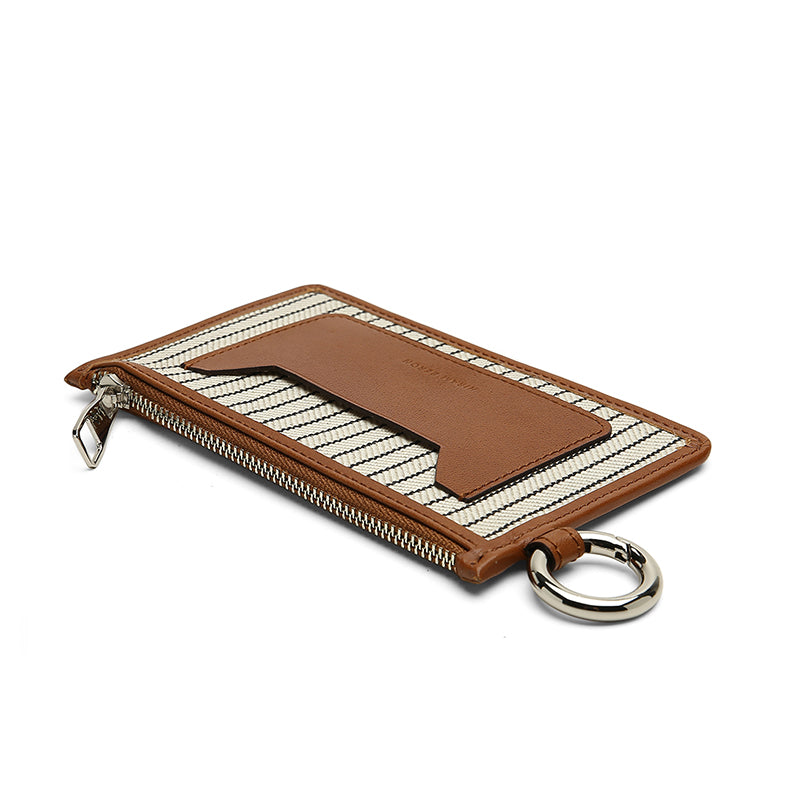 Card Case with Strap - Tan Top Grain Calfskin and Striped Canvas