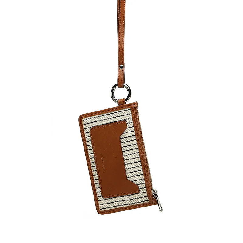Brown and beige striped pouch with a strap on a white background