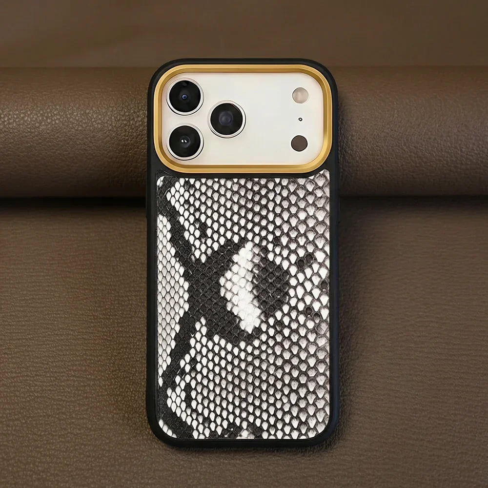 Phone case with genuine python skin on a brown background