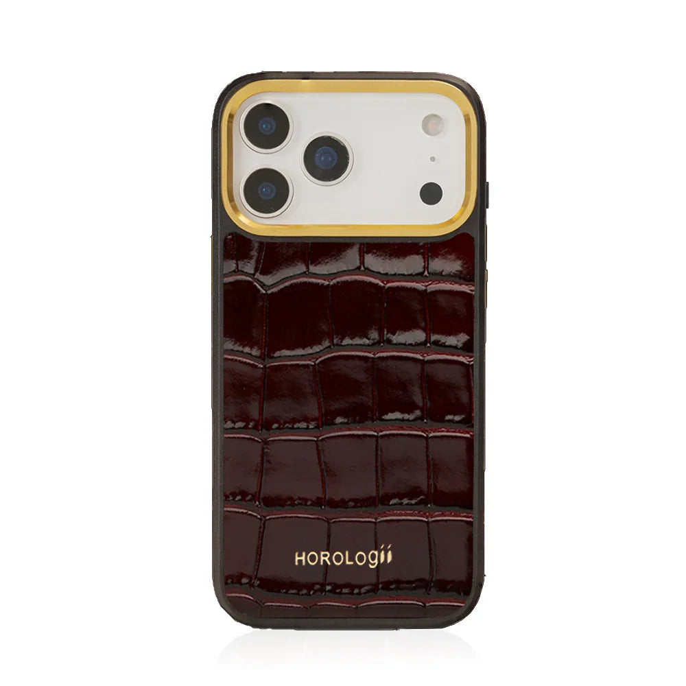 burgundy Italian calfskin crocodile pattern phone case for iPhone 17 Pro with white background