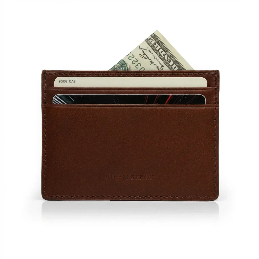 Dark Brown full grain leather card case with white background