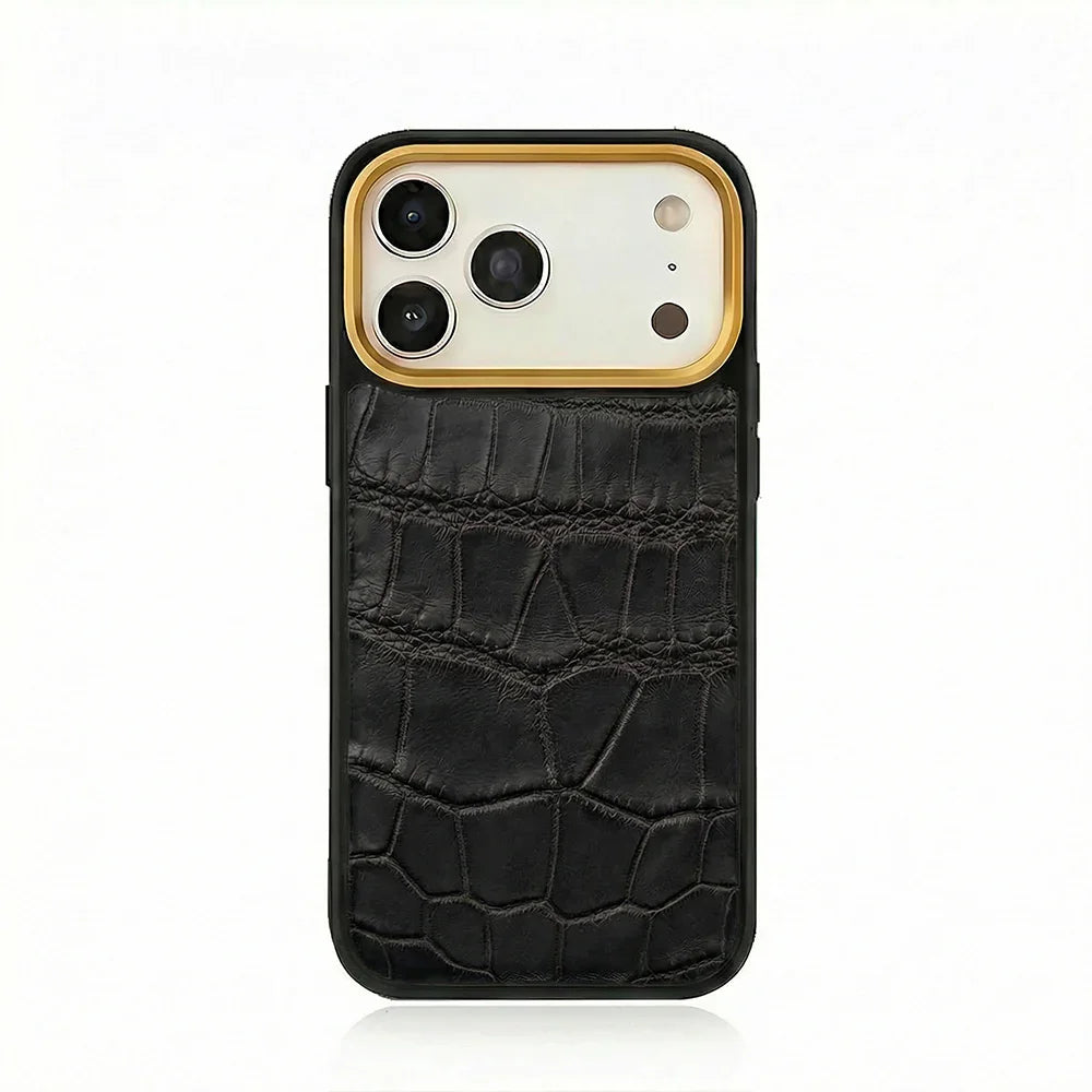 Luxury black crocodile texture leather iPhone case with gold camera trim, premium phone protection