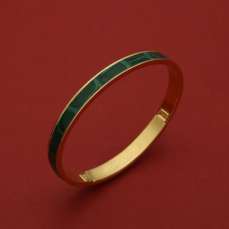 Gold bangle with green malachite inlay, luxury bracelet for women, elegant fashion accessory
