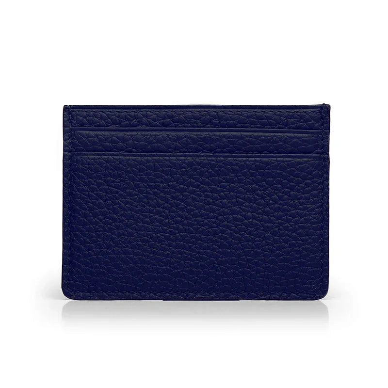 Navy blue leather cardholder on a white background