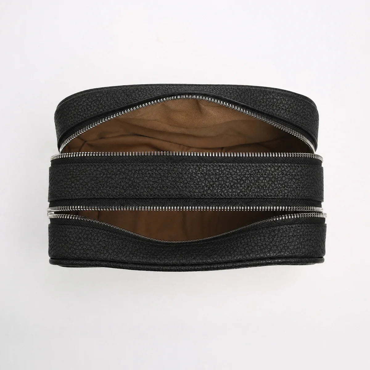 Black leather dopp kit with two zippers on a white background