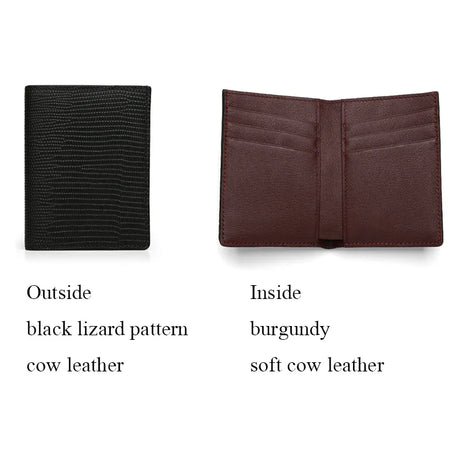 Two leather wallets, one black with lizard pattern on the outside and burgundy inside, the other open showing burgundy interior.