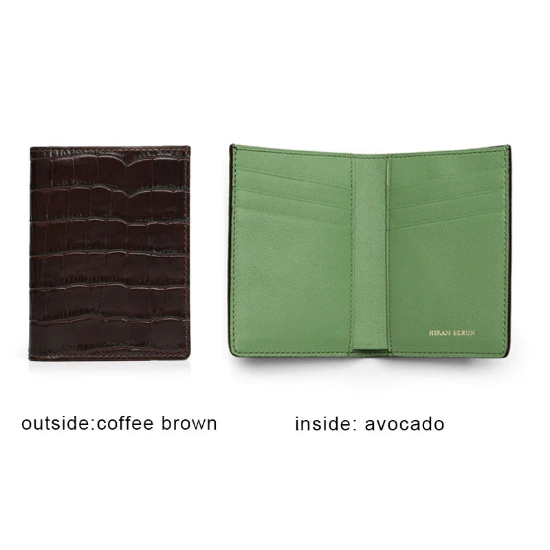 Two wallets, one coffee brown and one avocado green, on a white background.
