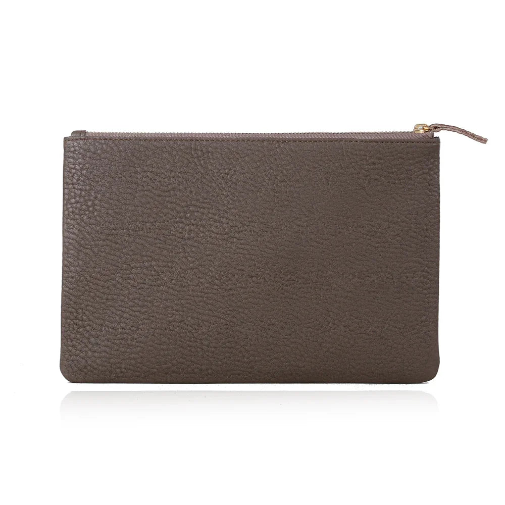 Brown pebbled leather clutch with gold zipper, minimalist design for everyday use