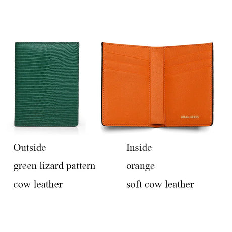 Two leather wallets, one green with lizard pattern and one orange with soft cow leather, on a white background.