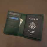 Interior layout of green Italian leather passport wallet with 4 credit card slots and boarding pass holder.