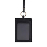 Black leather ID badge holder with lanyard and gold ring, sleek design for work or travel