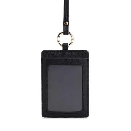 Black leather ID badge holder with lanyard and gold ring, sleek design for work or travel
