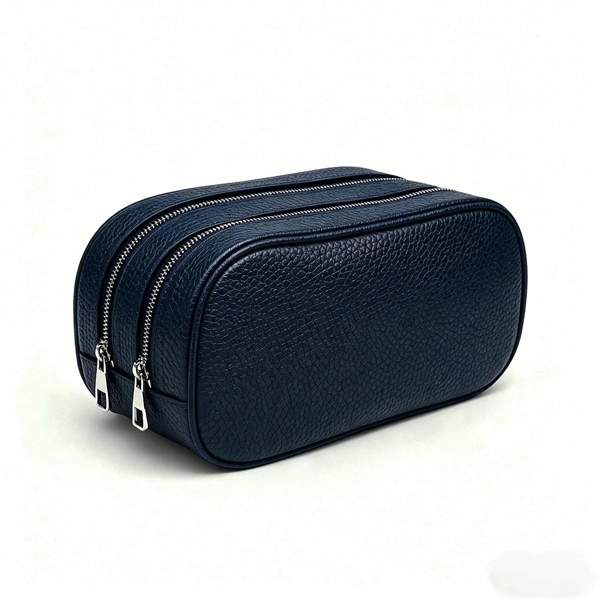 navy blue pebble leather travel toiletry bag