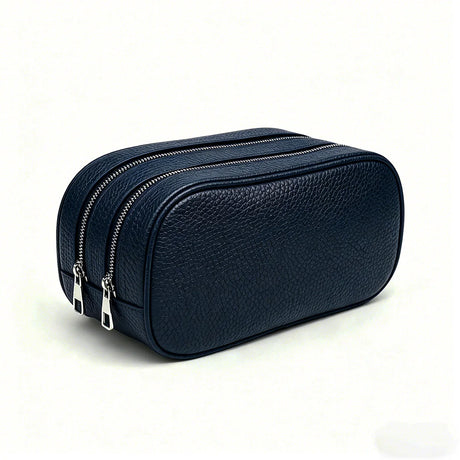 navy blue pebble leather travel toiletry bag
