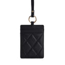 Black quilted leather ID card holder with gold ring and strap, luxury accessory for work or travel