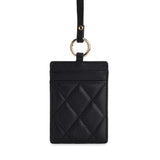 Black quilted leather ID card holder with gold ring and strap, luxury accessory for work or travel