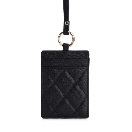 Black quilted leather ID card holder with gold ring and strap, luxury accessory for work or travel