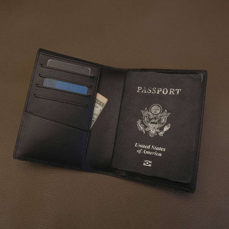 Unbranded black Buttero leather RFID passport case interior view for wholesale and custom logo private label.
