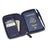 Navy blue pebble leather passport wallet with passport, cards, and money on a white background