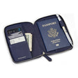 Navy blue pebble leather passport wallet with passport, cards, and money on a white background