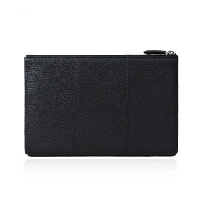 Black pebbled leather clutch with zipper closure, minimalist design for everyday use