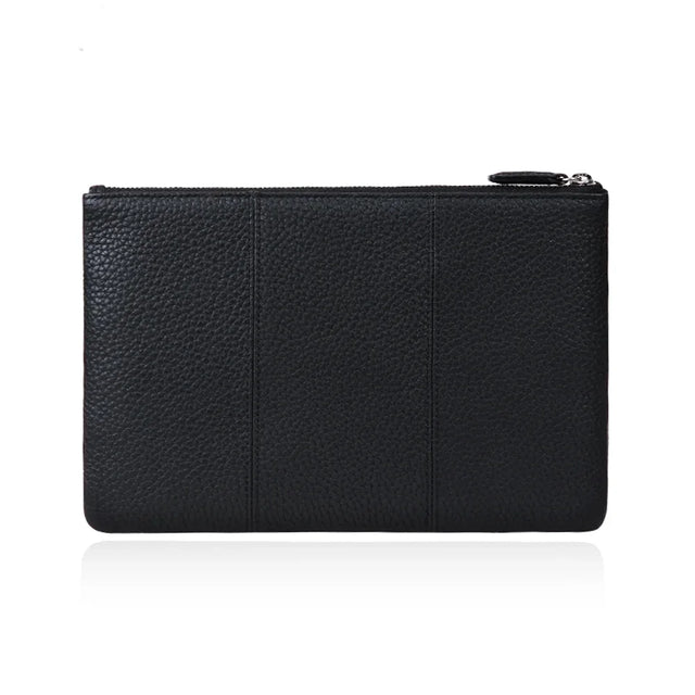Black pebbled leather clutch with zipper closure, minimalist design for everyday use