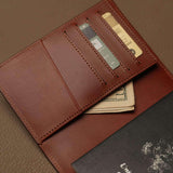 Close-up of 4 vertical card slots and slanted receipt pocket on genuine leather passport wallet, custom OEM production.