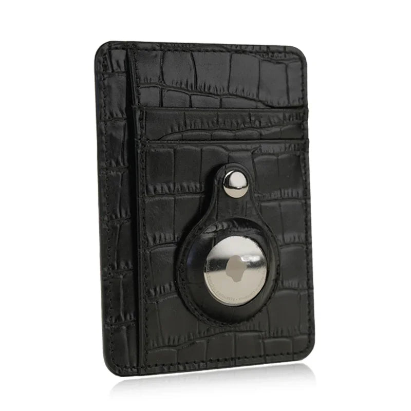 Black textured cardholder with a airtag slot on a white background