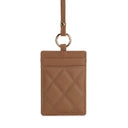 Tan quilted leather ID holder with gold ring and strap, ideal for work or travel