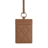 Tan quilted leather ID holder with gold ring and strap, ideal for work or travel