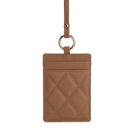 Tan quilted leather ID holder with gold ring and strap, ideal for work or travel