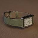 Avocado green French Alran goat leather watch strap showing comfortable Haas Zermatt inner lining