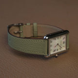 Avocado green French Alran goat leather watch strap showing comfortable Haas Zermatt inner lining