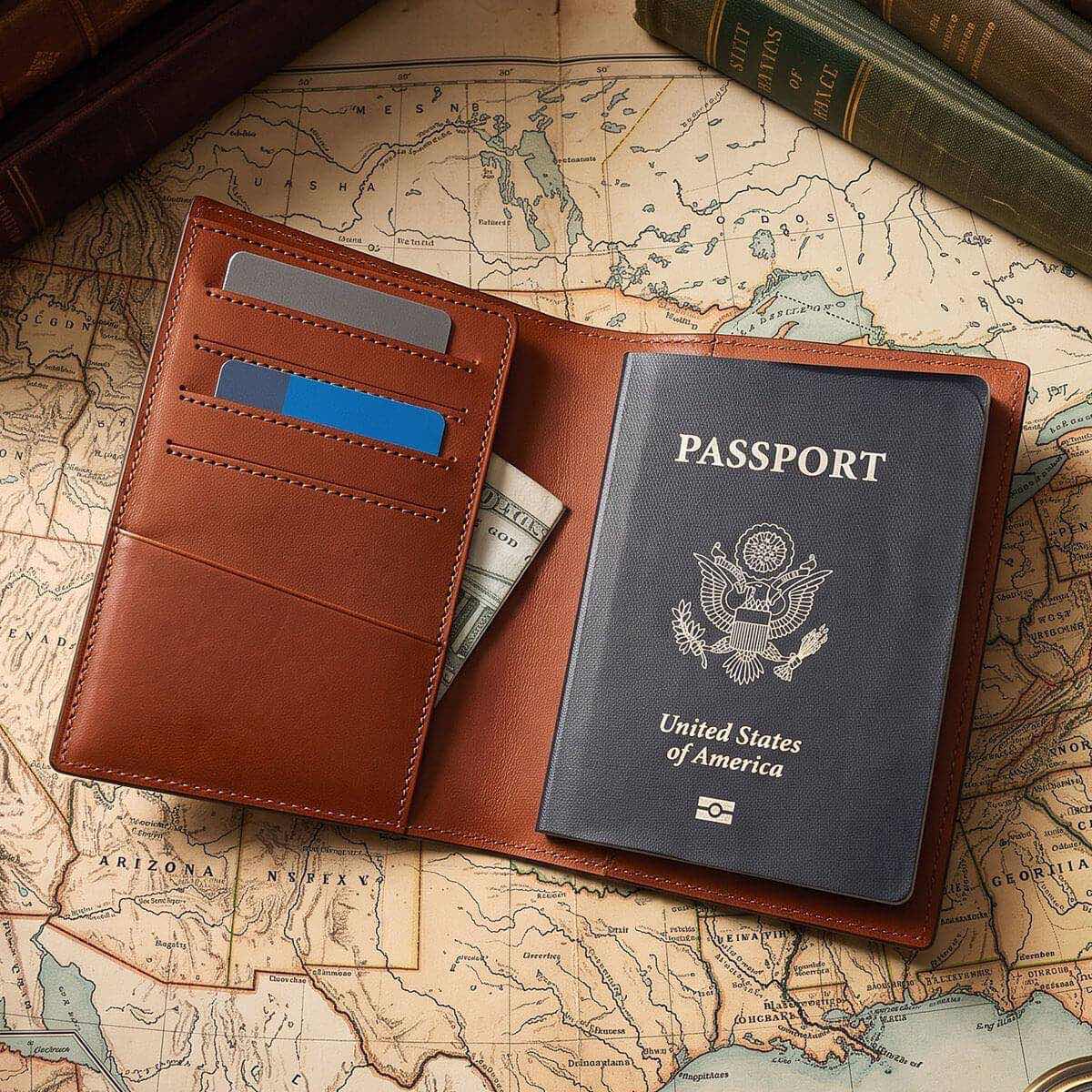 Wholesale RFID blocking Italian veg-tanned leather passport holder opened with 4 card slots on vintage map.