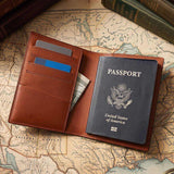 Wholesale RFID blocking Italian veg-tanned leather passport holder opened with 4 card slots on vintage map.