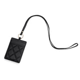 Black quilted leather ID badge holder with lanyard, luxury card case for work or travel