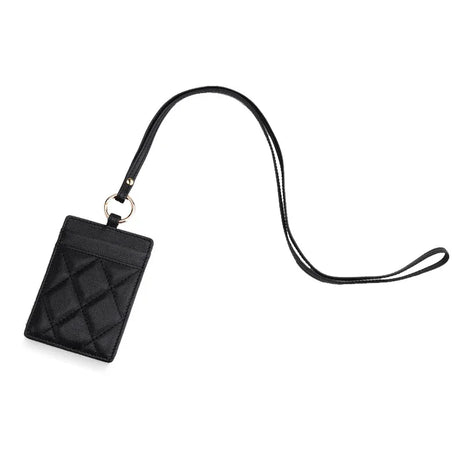 Black quilted leather ID badge holder with lanyard, luxury card case for work or travel
