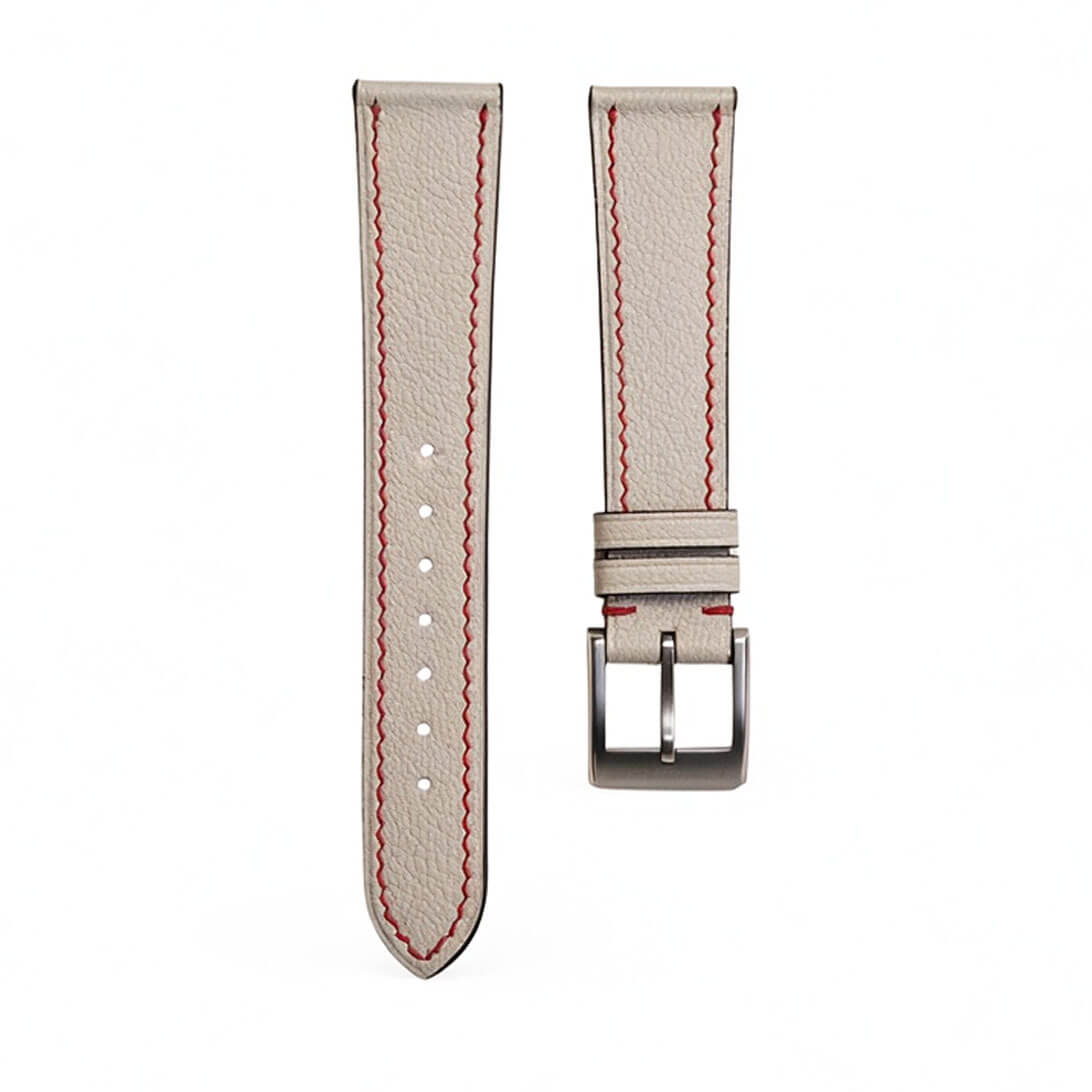 Wholesale Beige White French Alran goatskin watch strap with red contrast stitching and Haas Zermatt lining