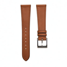 Custom OEM 1.8mm flat brown Italian leather watch strap pair showing stitch details and optional pin buckle fitment