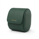 Green pebble leather wach storage box with 'Hiram Beran' branding on a white background